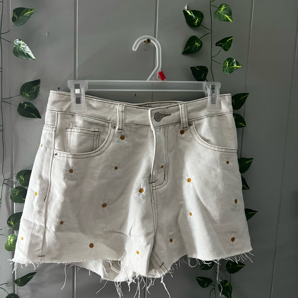 White Denim Shorts with Gold Accents